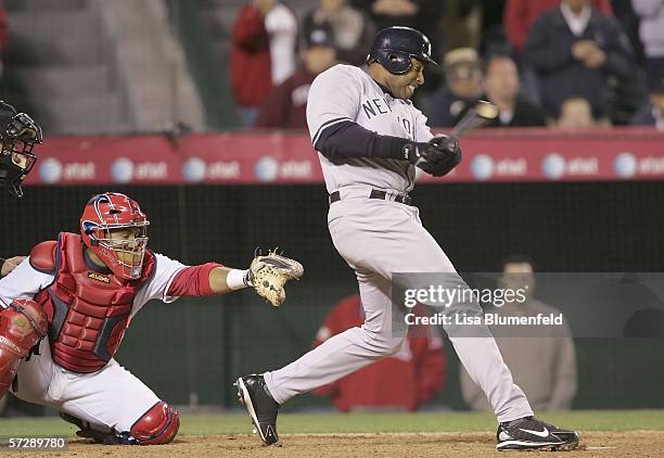 Bernie Williams of the New York Yankees grounds out in the 9th inning to end the game against the Los Angeles Angels of Anaheim on April 8, 2006 at...