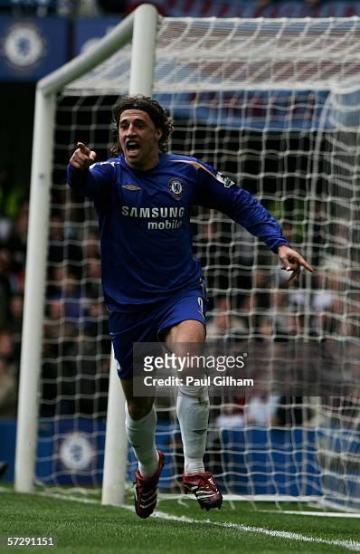 Hernan Crespo of Chelsea celebrates scoring their second goal during the Barclays Premiership match between Chelsea and West Ham United on April 9,...
