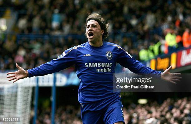 Hernan Crespo of Chelsea celebrates scoring their second goal during the Barclays Premiership match between Chelsea and West Ham United on April 9,...