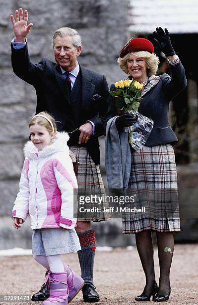 Prince Charles, Prince of Wales and HRH Camilla, Duchess of Cornwall leave Crathie Church with Heather Stewart aged 6 from Glasgow n April 9 Ballater...