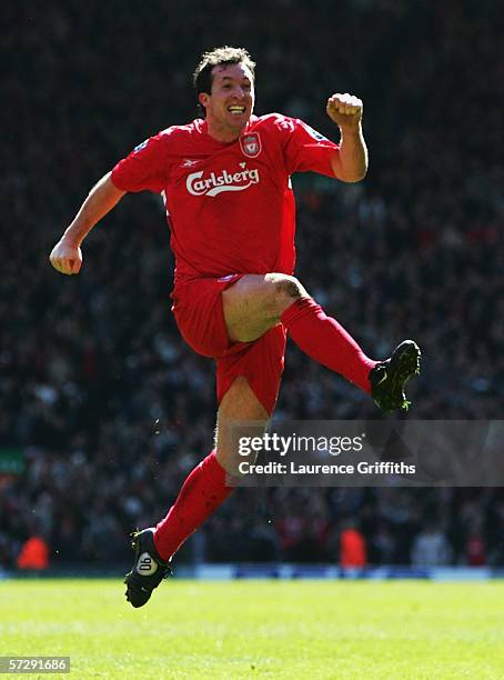 Robbie Fowler of Liverpool celebrates scoring the opening goal during the Barclays Premiership match between Liverpool and Bolton Wanderers at...