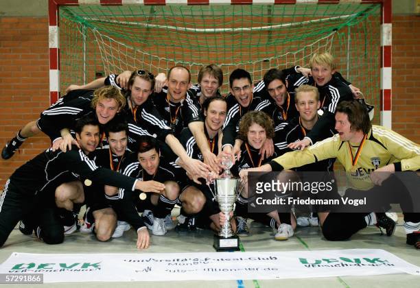 The Team of Muenster celebrates after the winning final match of the DFB Futsal Cup between SC Bayer 05 Uerdingen and UFC Munster on April 9, 2006 in...