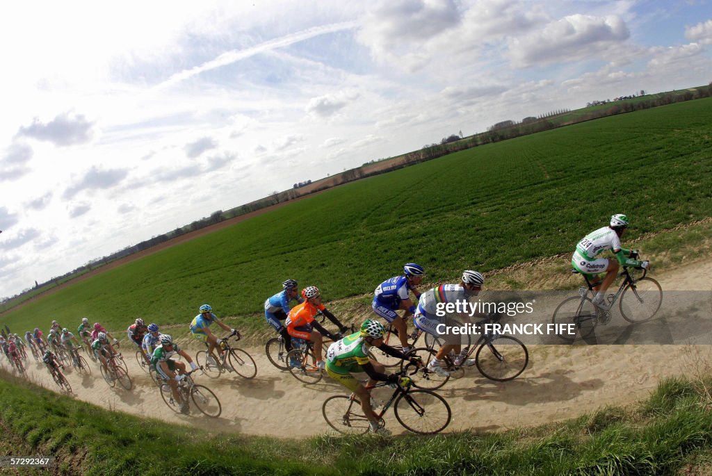 The pack rides during the 104th Paris-Ro