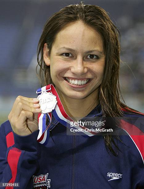 Tara Kirk of the USA poses with her medal after winning silver in the Women's 200m breastroke final during day five of the FINA World Swimming...