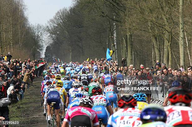 The pack rides during the 104th Paris-Roubaix cycling classic race between Compiegne and Roubaix, 09 April 2006. Swiss cyclist Fabian Cancellara won...