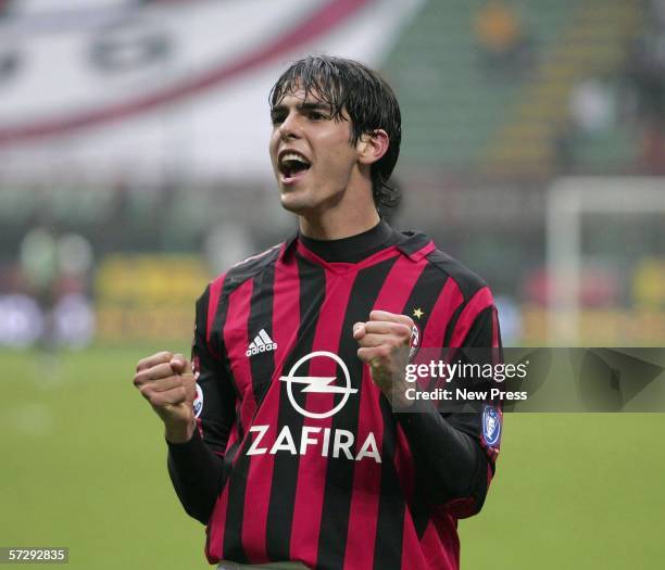 Kaka of Milan celebrates during the Serie A match between AC Milan and Chievo at the Giuseppe Meazza San Siro stadium on April 9, 2006 in Milan,...