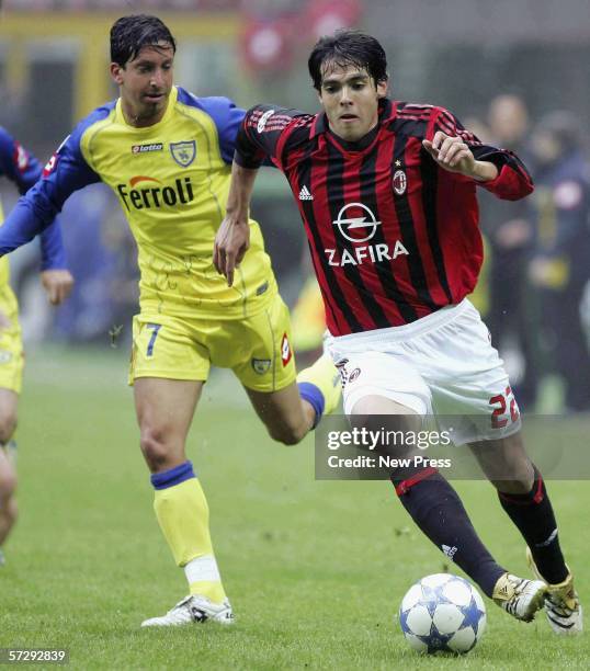 Kaka of Milan and Franco Semioli of Chievo in action during the Serie A match between AC Milan and Chievo at the Giuseppe Meazza San Siro stadium on...