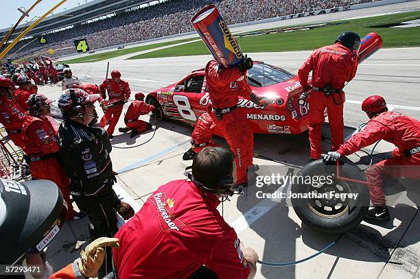 Dale Earnhardt Jr., driver of the Budweiser Chevrolet, pits during the NASCAR Nextel Cup Series Samsung/RadioShack 500 at the Texas Motor Speedway on...