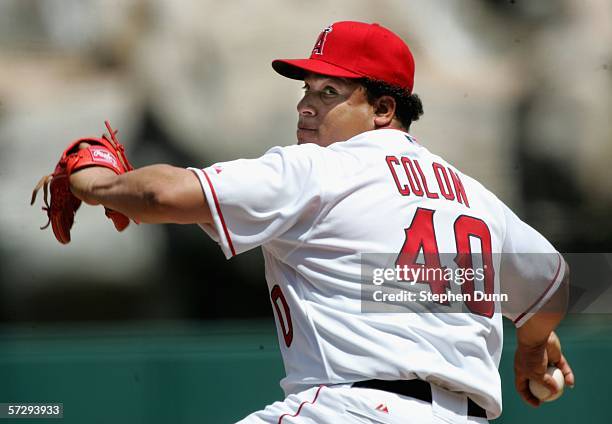 Bartolo Colon of the Los Angeles Angels of Anaheim throws a pitch against the New York Yankees on April 9, 2006 at Angel Stadium in Anaheim,...