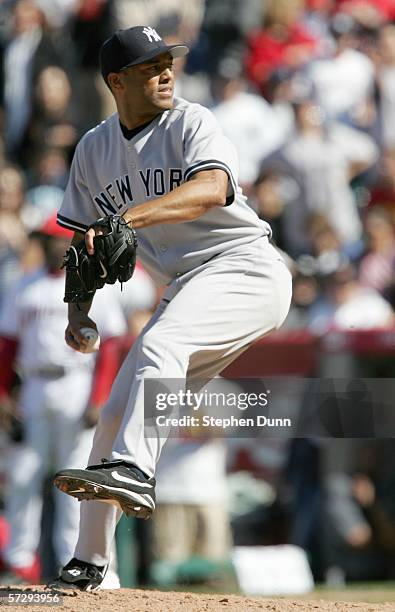 Mariano Rivera of the New York Yankees pitches the ninth inning against the Los Angeles Angels of Anaheim on April 9, 2006 at Angel Stadium in...