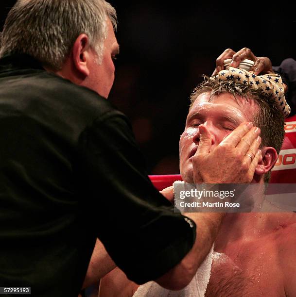 Fritz Sdunek coach of Alexander Dimitrenko and Alexander Dimitrenko of Ukraine seen in the corner during the WBO Heavyweight Intercontinental...