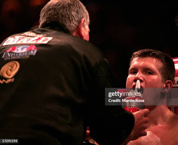 Fritz Sdunek and Alexander Dimitrenko of Ukraine seen in the corner during the WBO Heavyweight Intercontinental Championship fight between Alexander...