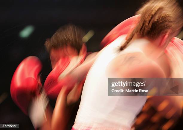 General action during the WIBF World Championship Featherweight fight between Ina Menzer of Germany and Maribel Santana of Domenican Republic at the...