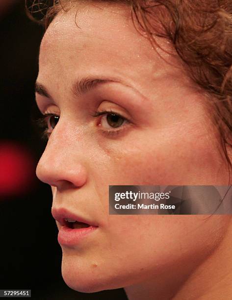 Ina Menzer of Germany seen after the WIBF World Championship Featherweight fight between Ina Menzer of Germany and Maribel Santana of Dominican...