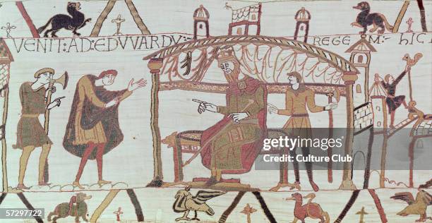 And he comes before King Edward detail from the Bayeux Tapestry, before 1082