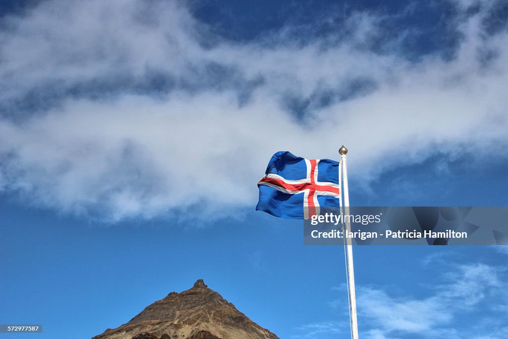 Icelandic flag with Mt Stapafell in the background