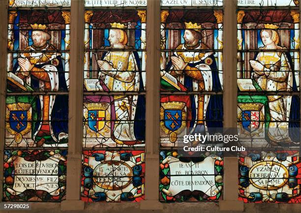 Window depicting Louis de Bourbon Comte de Vendome, Jeanne de Laval Jean II de Bourbon Comte de Vendome abd Isabelle de Beauvau