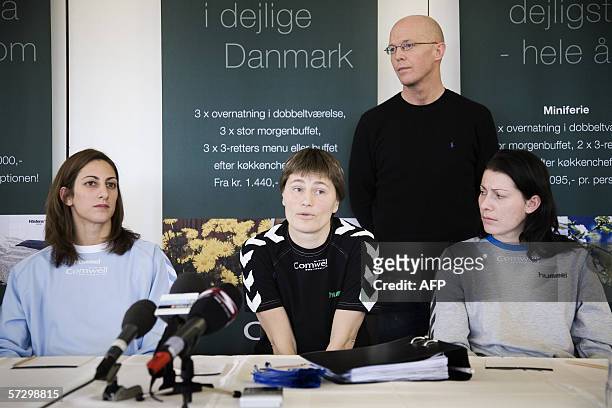 Anja Andersen, coach for the Danish handball team Slagelse speaks during a press conference 10 April 2006 in Soroe while Tanja Milanovic and Bojana...