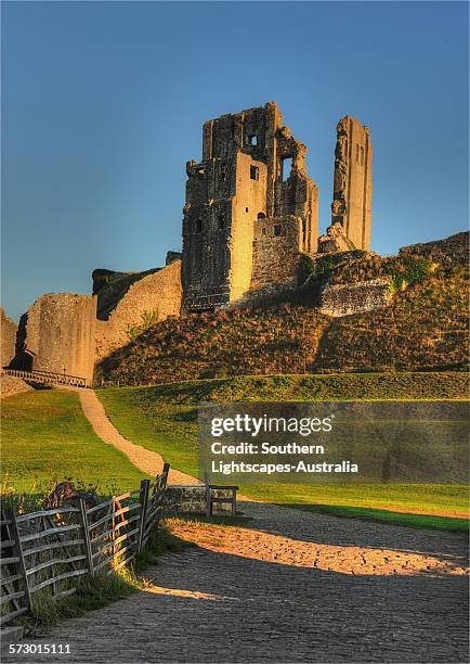view to corfe castle - corfe castle stock pictures, royalty-free photos & images