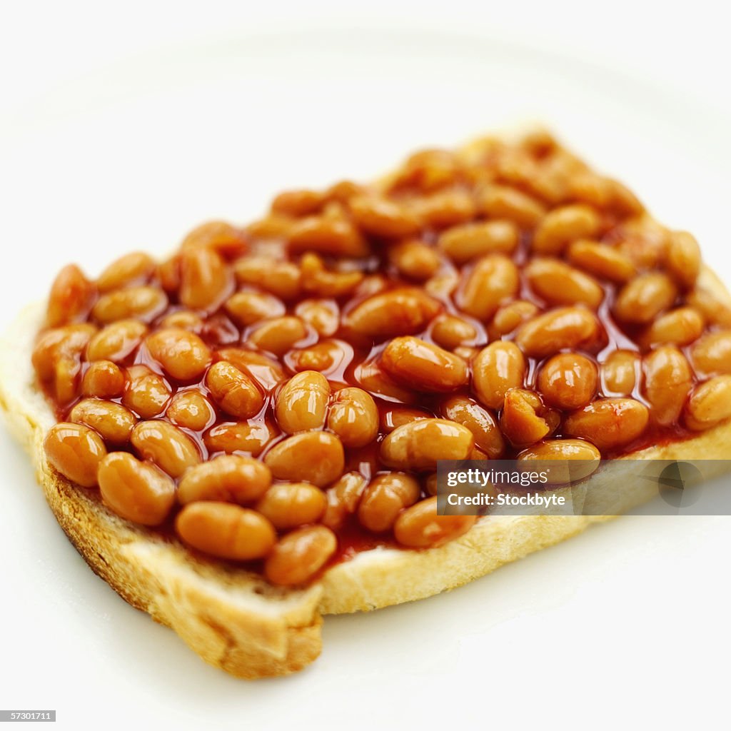Elevated view of baked beans on toast