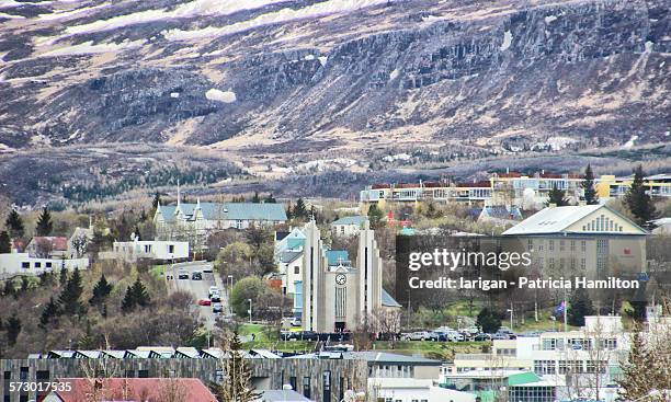 looking down on akureyri. - akureyri iceland stockfoto's en -beelden