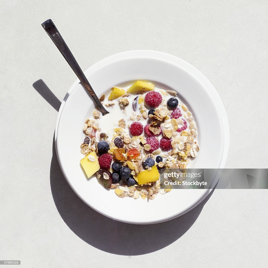 Elevated view of a bowl of fruit and cereal