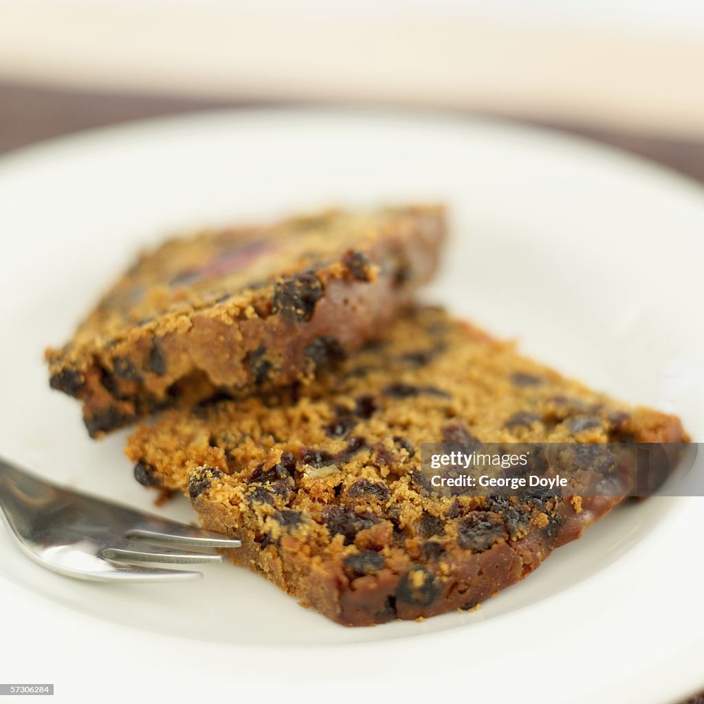 Close-up of slices of fruit cake on a plate