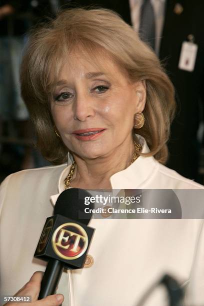 Television personality Barbara Walters arrives at the New Amsterdam theater for the Dana Reeve Memorial Service April 10, 2006 in New York City.