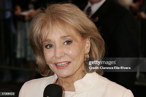 Television personality Barbara Walters arrives at the New Amsterdam theater for the Dana Reeve Memorial Service April 10, 2006 in New York City.