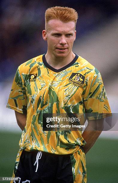 Robbie Slater of the Socceroos lines up for the National Anthem before the World Cup Qualifying match between Australia and New Zealand held at...