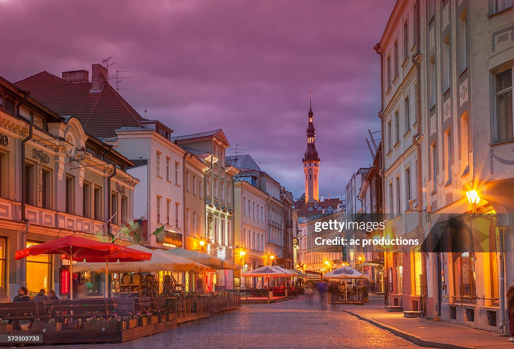 Illuminated street in cityscape, Tallin, Estonia