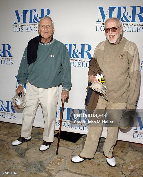 Grant Tinker and David Wolper arrive at the Fourth Annual Museum of Television & Radio Celebrity Golf Classic at the Riviera Country Club on April...