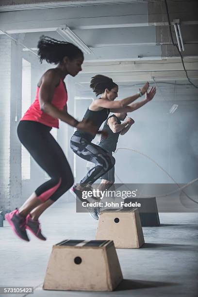 athletes jumping on platforms in gym - john hale stock pictures, royalty-free photos & images