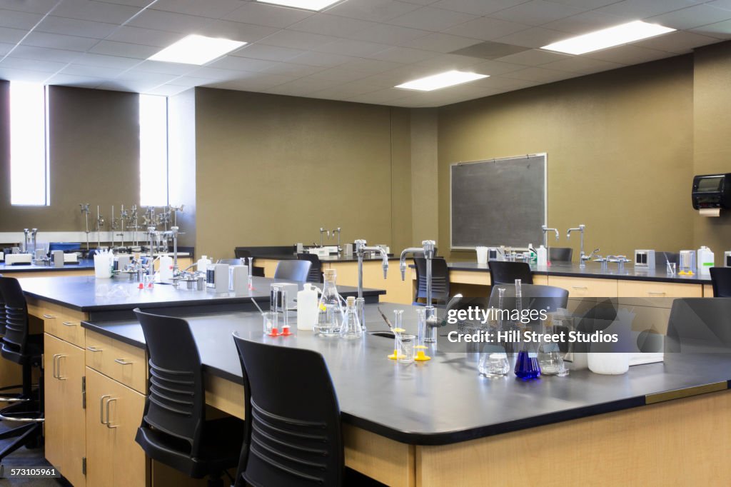 Empty tables in science lab classroom