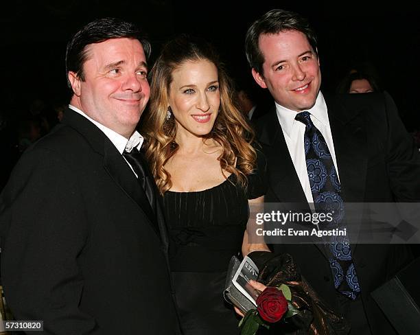 Actors Nathan Lane, Sarah Jessica Parker and Matthew Broderick pose during the American Theatre Wing Annual Spring Gala at Cipriani 42nd Street on...