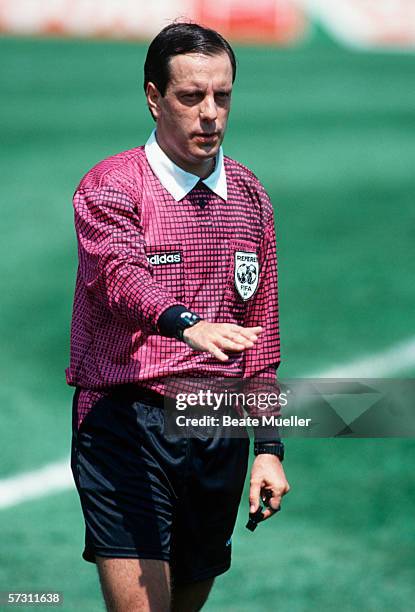 Referee Arturo Brizio of Mexico gestures during the FIFA World Cup Group C match between Germany and Bolivia on June 17, 1994 in Chicago, USA.