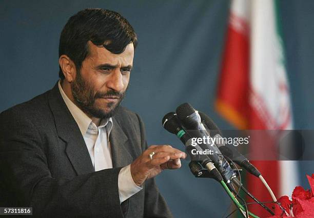Iranian President Mahmoud Ahmadinejad delivers a speech in Fariman near the holy city of Mashhad, 950 kms northeast of Tehran, 11 April 2006. Iran's...