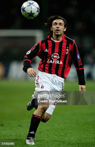 Andrea Pirlo of AC Milan in action during the UEFA Champions League Quarter Final Second Leg match between AC Milan and Lyon at the San Siro Stadium...