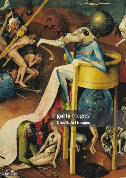 The Garden of Earthly Delights: Hell, right wing of triptych, detail of blue bird-man on a stool, c.1500