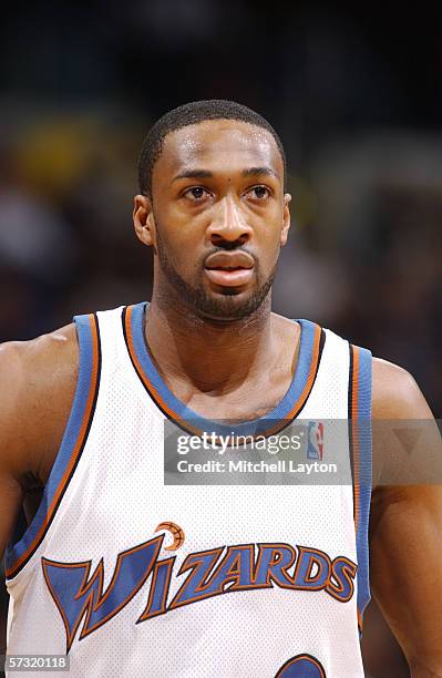 Gilbert Arenas of the Washington Wizards looks on against the Charlotte Bobcats on March 15, 2006 at the Verizon Center in Washington, DC. The...