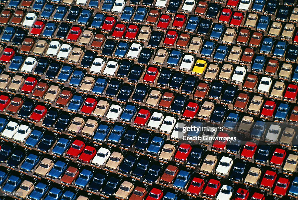 Shot from above of car plant with allot of new cars