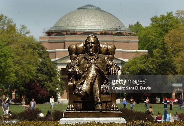 The statue of Washington Duke on Duke University's East Campus with Baldwin Auditorium is shown April 11, 2006 in Durham, North Carolina. The...