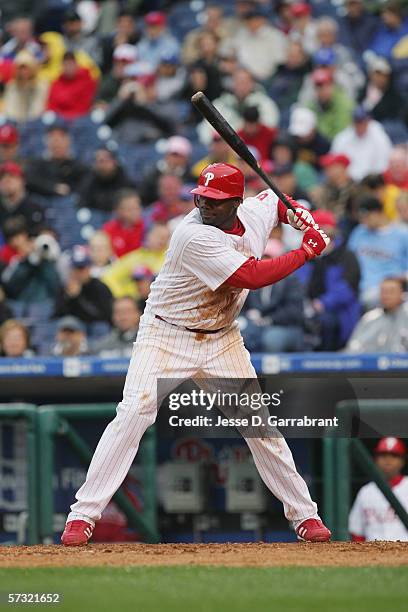 Ryan Howard of the Philadelphia Phillies bats against the St. Louis Cardinals during the Opening Day game on April 3, 2006 at Citizens Bank Park in...