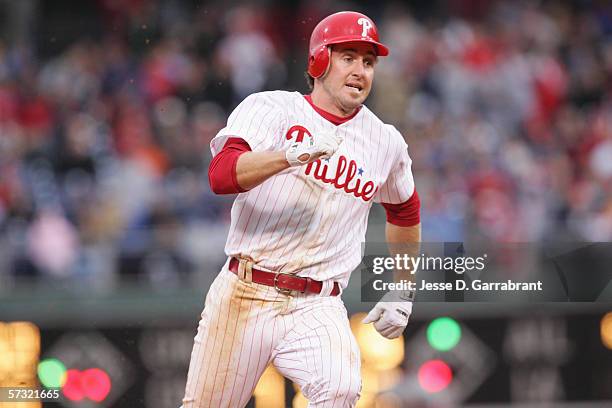 Chase Utley of the Philadelphia Phillies runs the bases against the St. Louis Cardinals during the Opening Day game on April 3, 2006 at Citizens Bank...