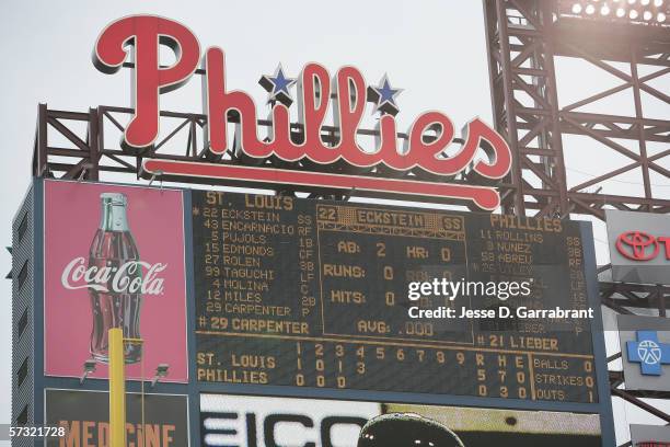 The scoreboard at Citizens Bank Park is shown during the Opening Day game between the Philadelphia Phillies and the St. Louis Cardinals on April 3,...