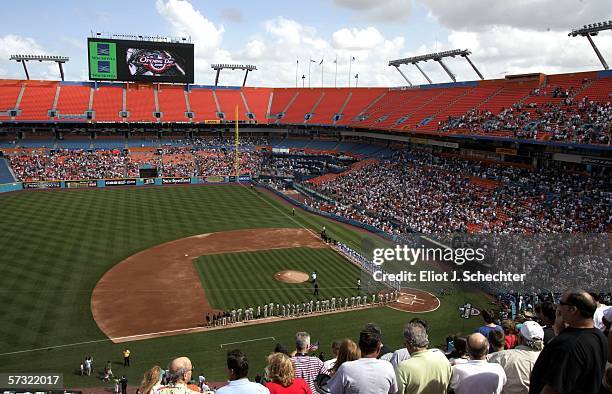 Spectators look out onto the field prior to the start of the San Diego Padres and the Florida Marlins game on April 11, 2006 at Dolphins Stadium in...