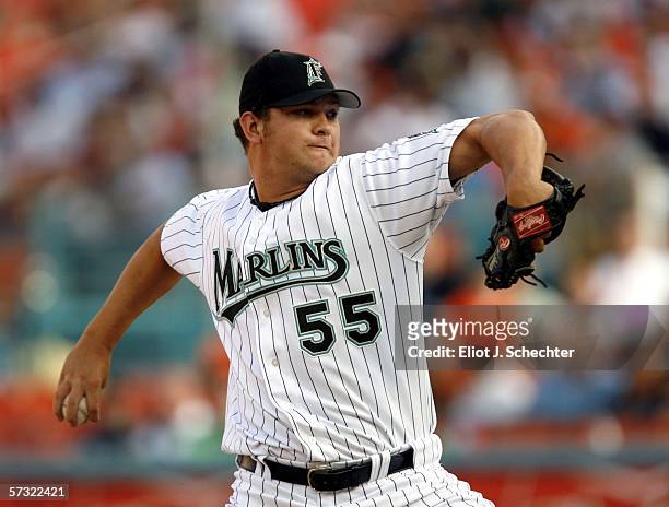 Josh Johnson of the Florida Marlins delivers a pitch against the San Diego Padres on April 11, 2006 at Dolphins Stadium in Miami, Florida.