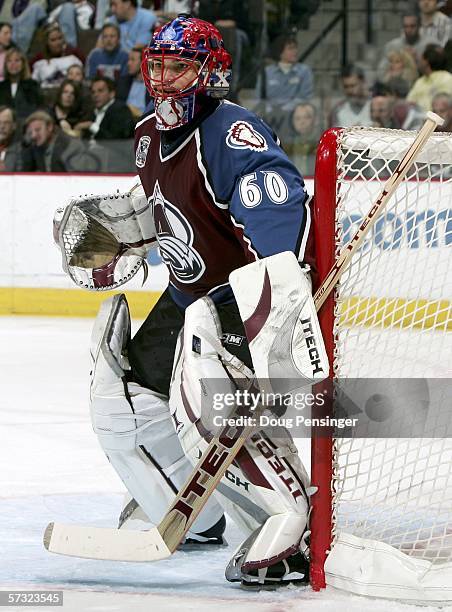 Goaltender Jose Theodore of the Colorado Avalanche defends the goal as he got his first win for his new team as he had 22 saves against the Phoenix...