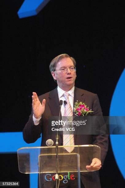 Google chief executive Eric Schmidt attends the inauguration of the company new Chinese brand name "Gu Ge" on April 12, 2006 Beijing, China. Google...