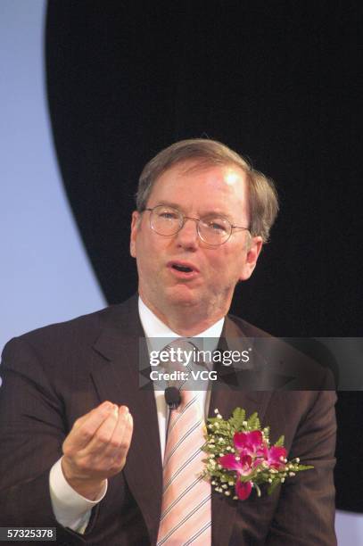 Google chief executive Eric Schmidt attends the inauguration of the company new Chinese brand name "Gu Ge" on April 12, 2006 Beijing, China. Google...